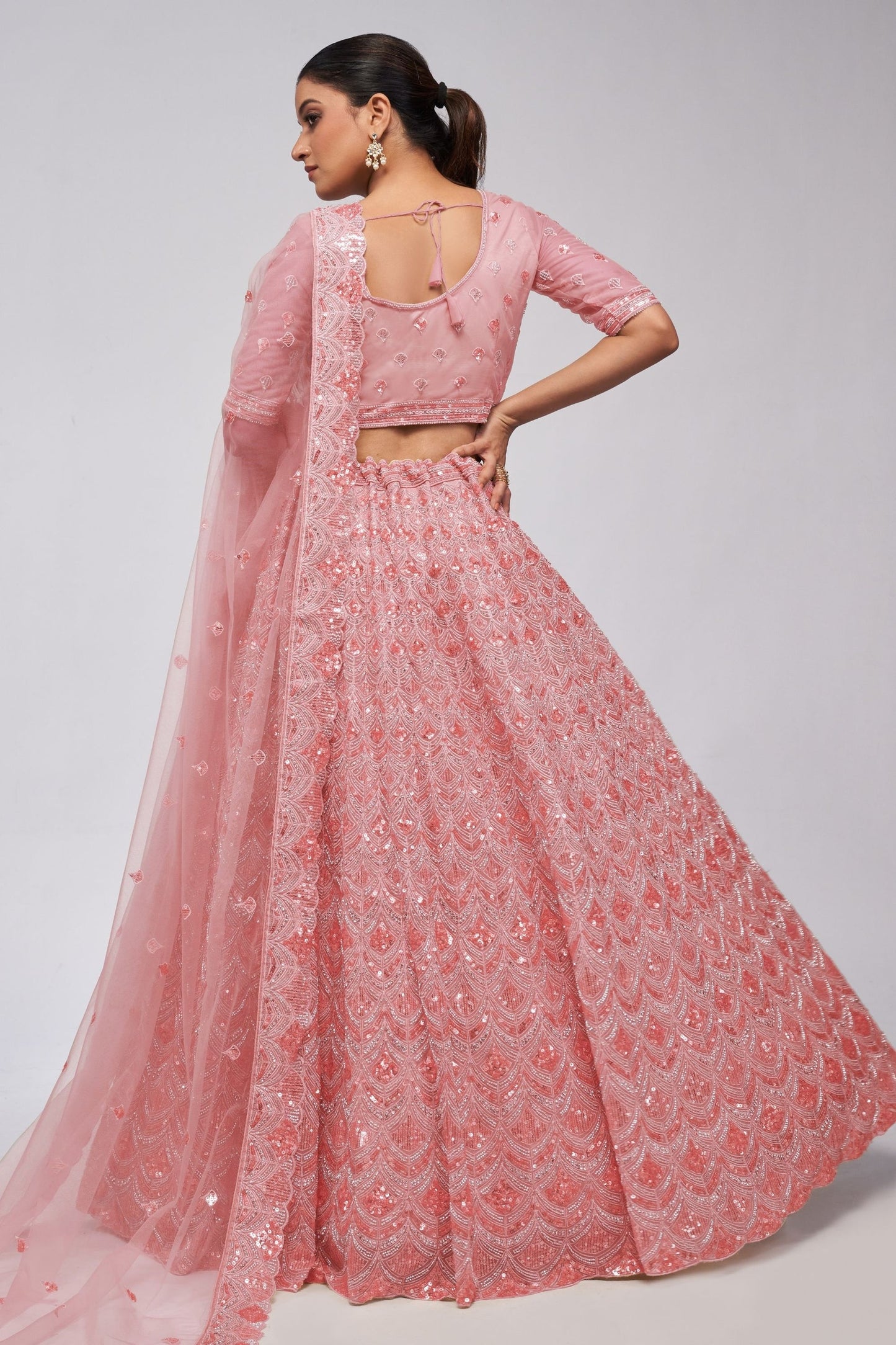 Odette Pink Net Lehenga Choli - Sequence Embroidery Work, Bead Work, Zarkan Work