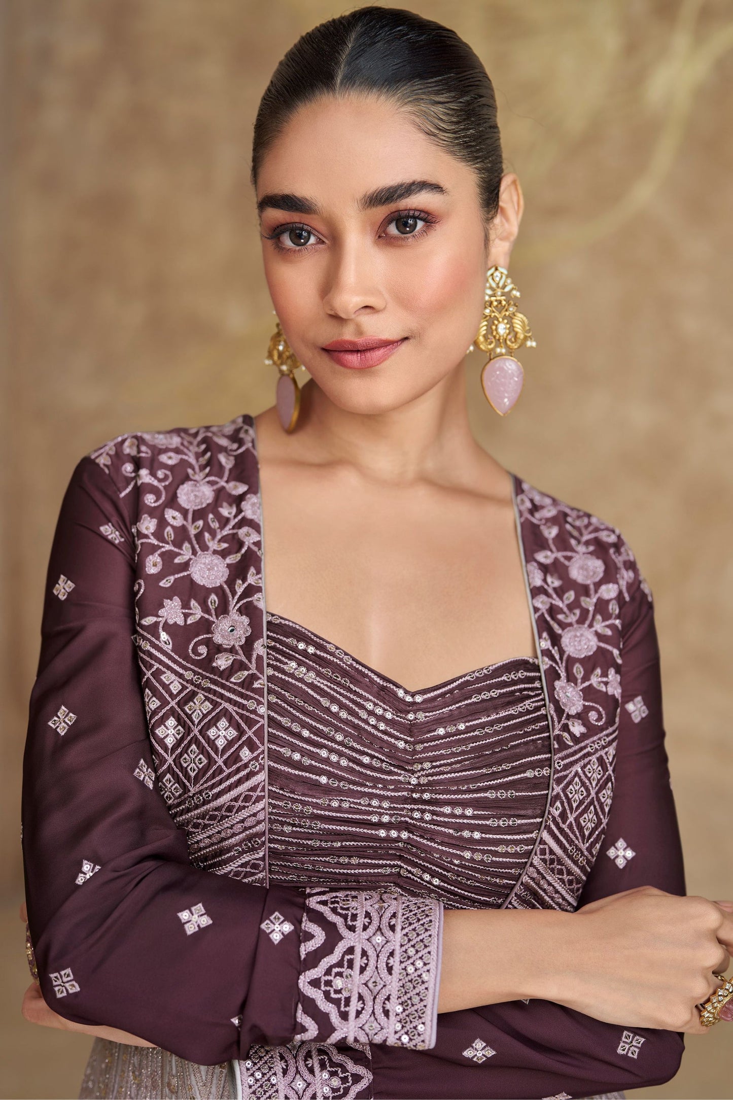 Dark Purple Chinon Silk Lengha Choli with Jacket - Embroidery Work