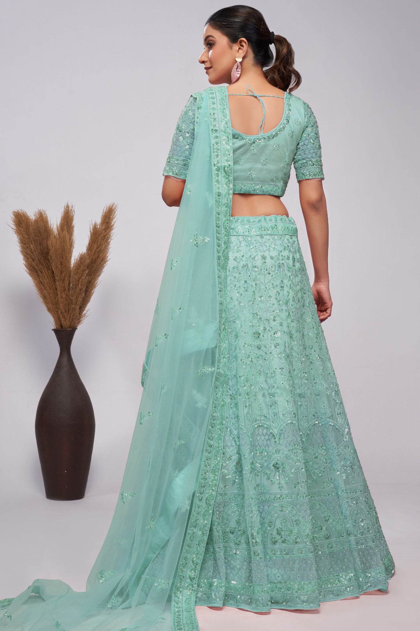 Seafoam Green Net Lehenga Choli - Sequence Embroidery Work, Bead Work