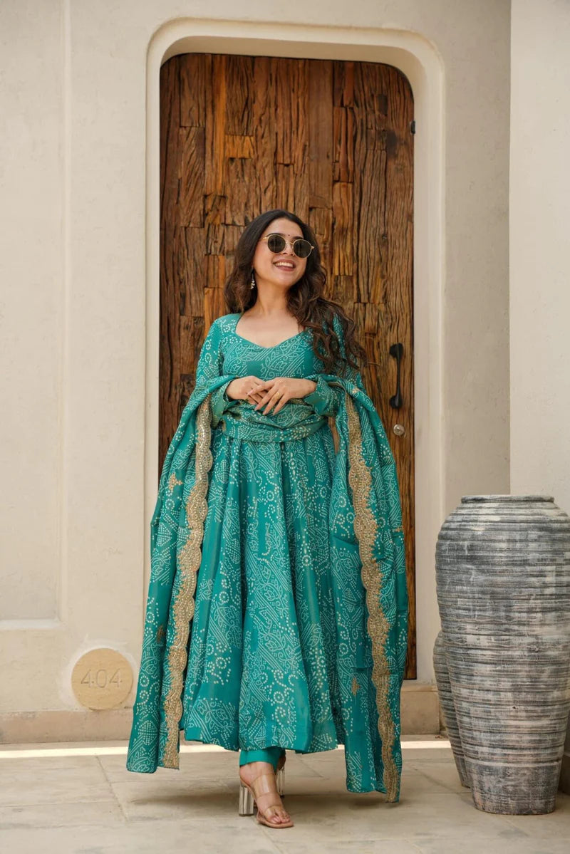GREEN BANDHEJ MASLIN ANARKALI SUIT SET