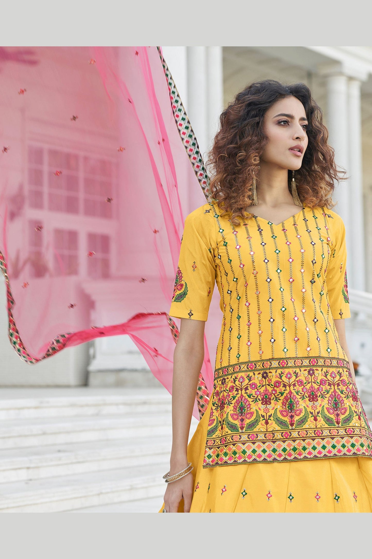 Yellow Chinon Lehenga Choli - Sequence Embroidery Work, Thread Embroidery Work,