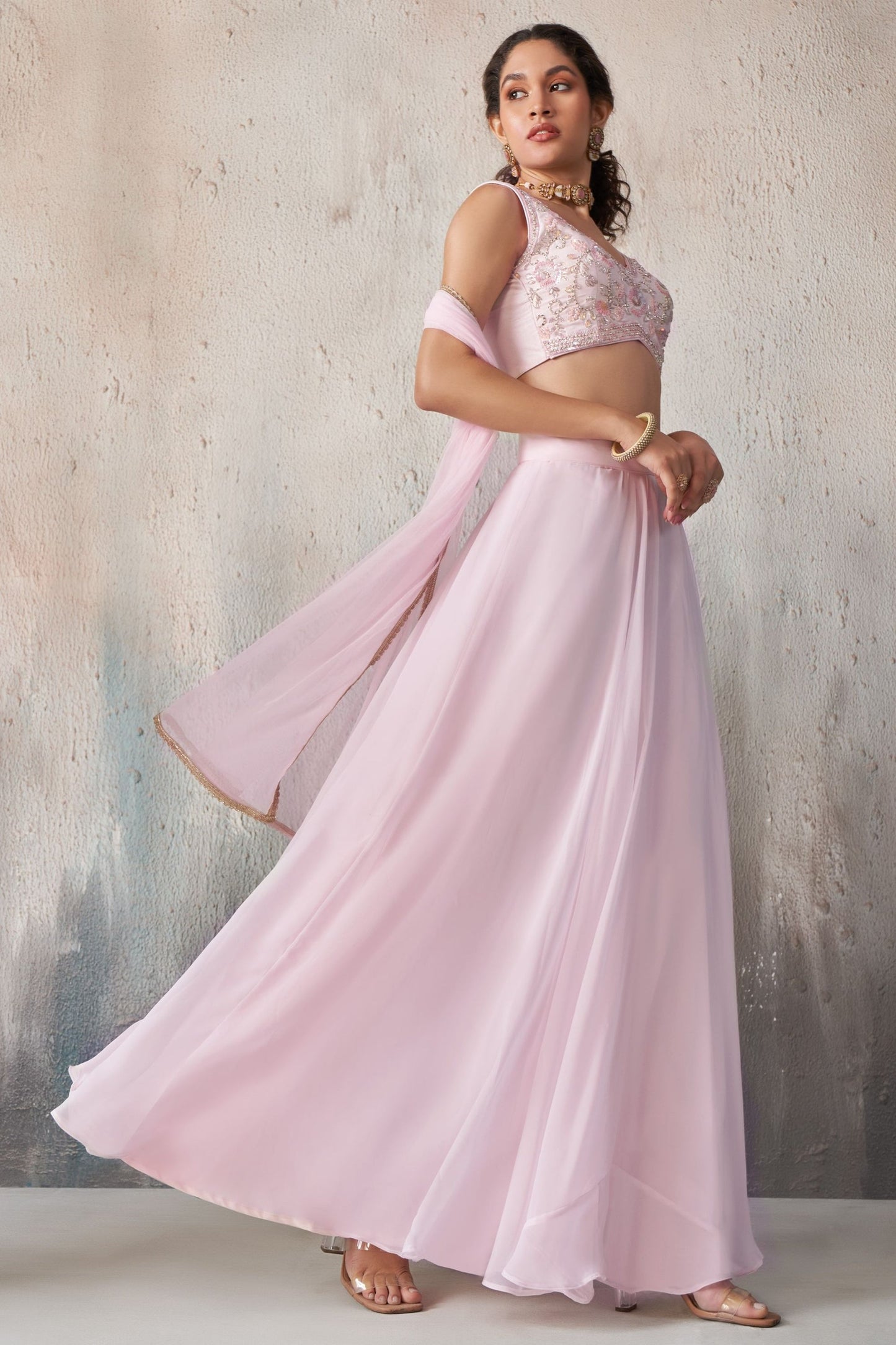 Light Pink Georgette Sleeveless Lehenga Choli - Khatli Work, Sequence Embroidery Work, Resham Work, Cut Dana Work, Moti Work