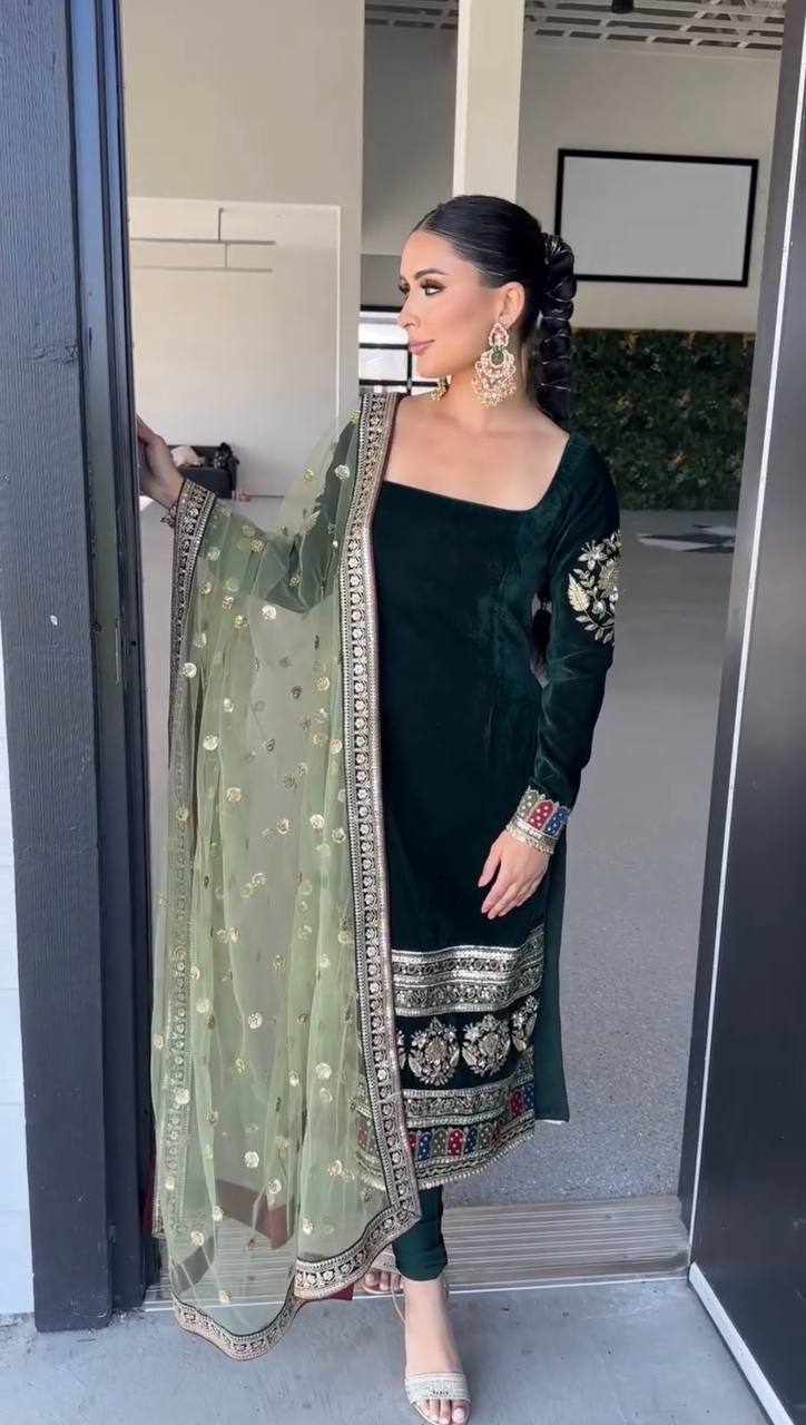 Green Velvet Premium Fancy Suit Set