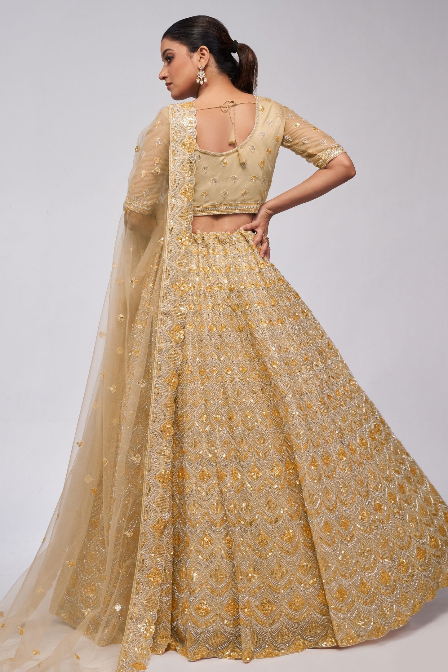 Gold Net Lehenga Choli - Sequence Embroidery Work, Bead Work, Zarkan Work