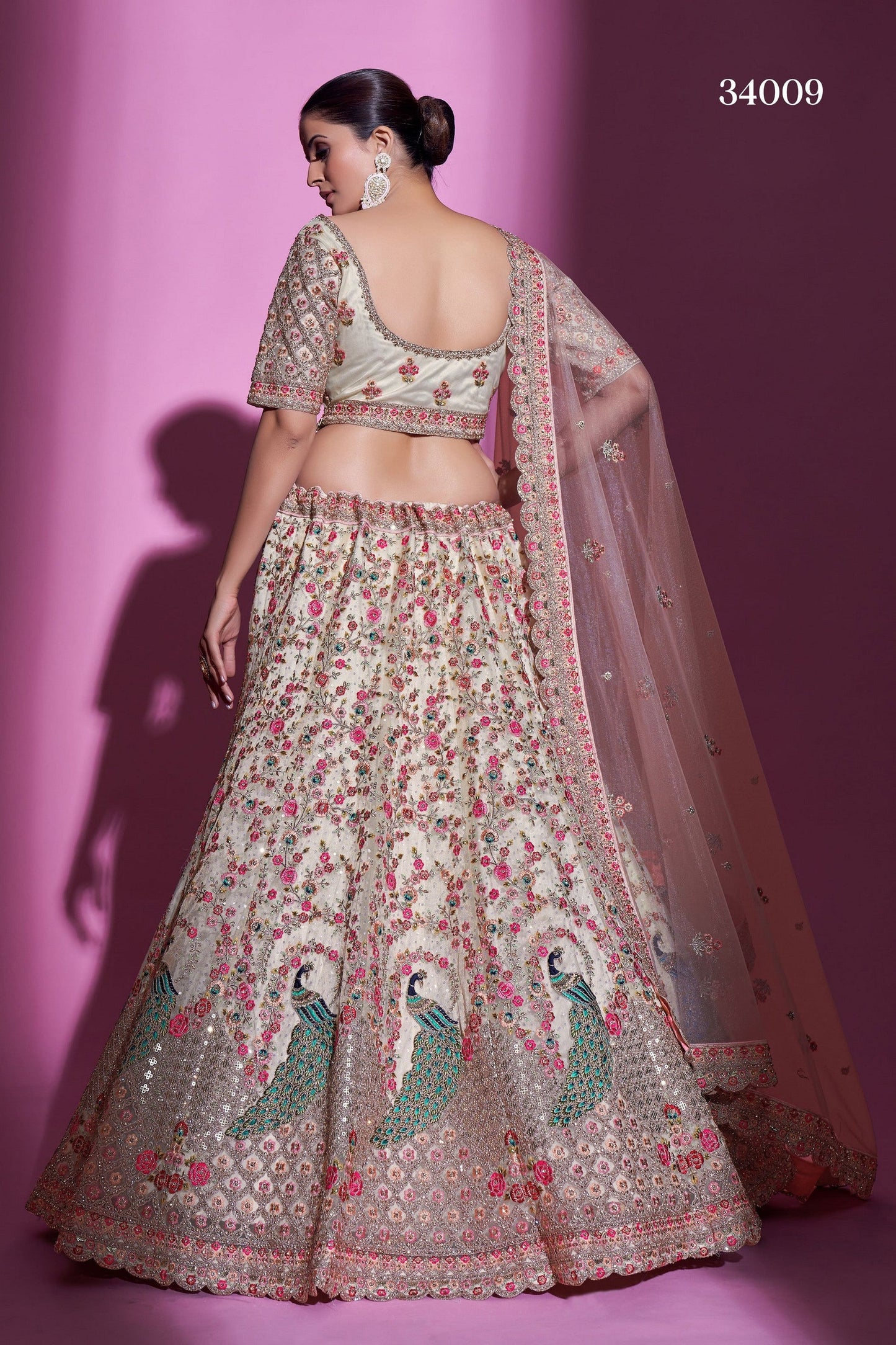 Cream Net Lehenga Choli - Sequence Embroidery Work, Stone Work, Dori Work
