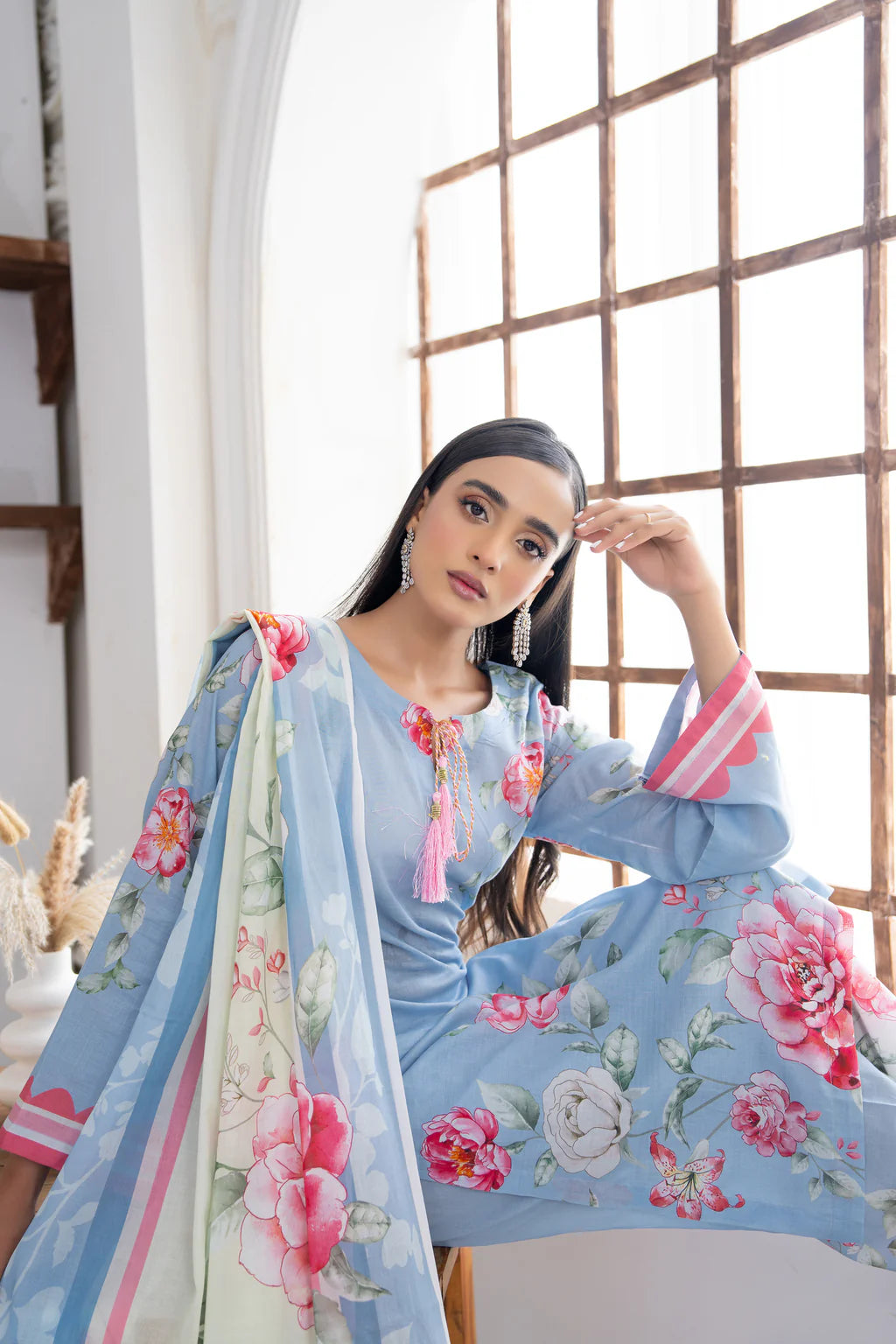 Sky Blue Printed Cambric Cotton suit set