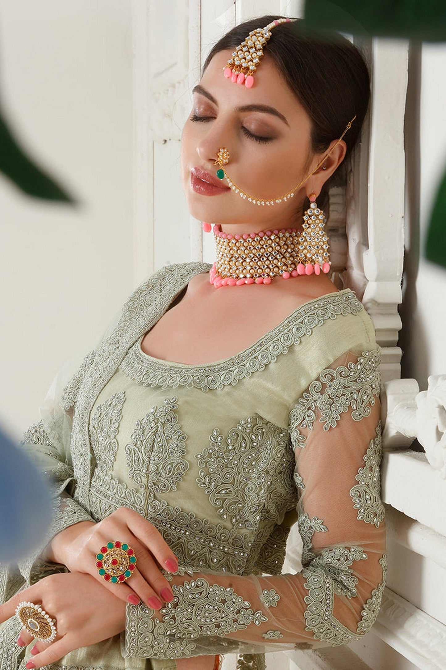 Light Green Net Lehenga Choli - Thread Embroidery Work, Codding Embroidery Work, Butta Work, Stone Work