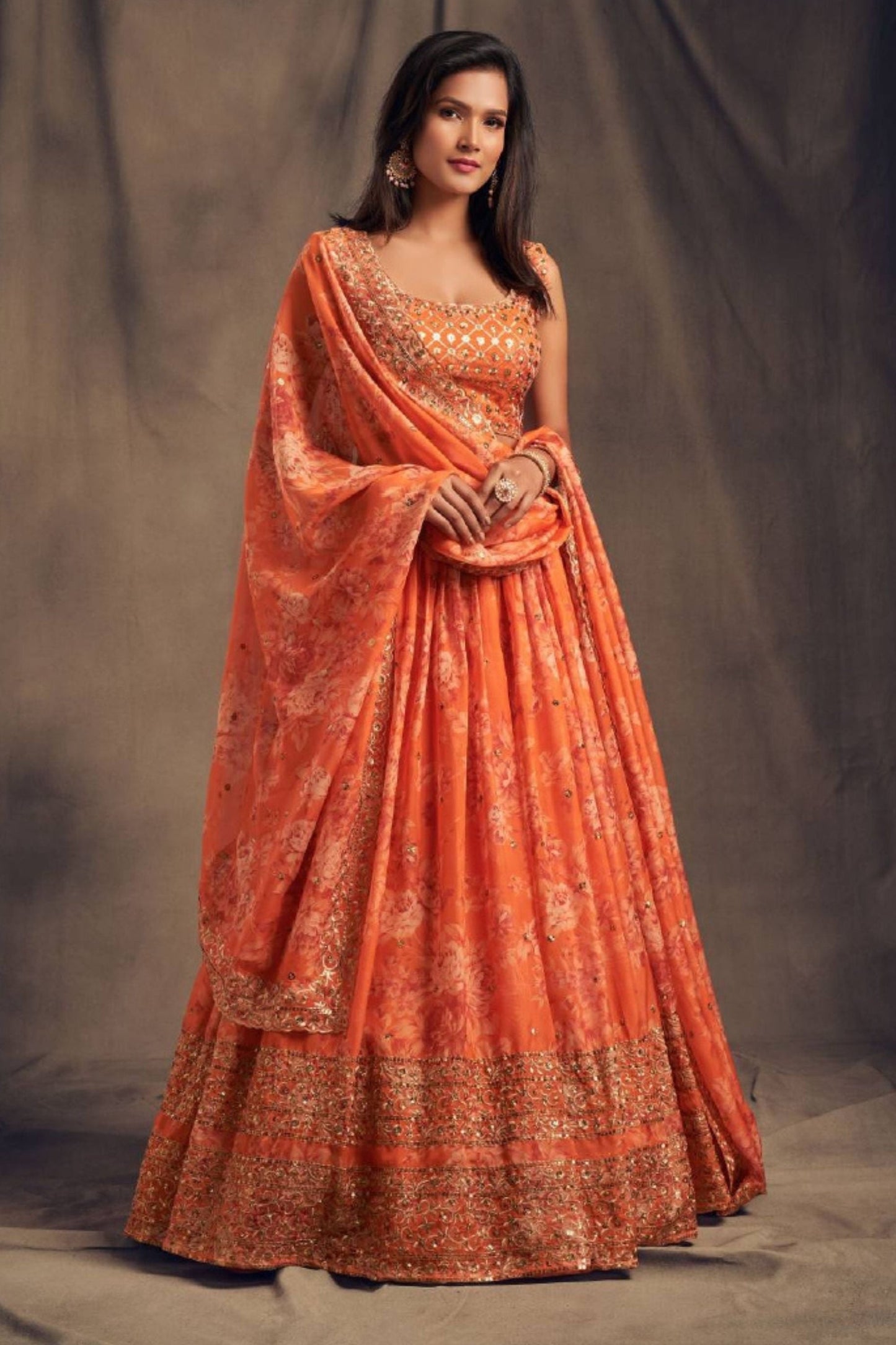 Orange Organza Floral Lehenga Choli - Embroidery Work, Print Work