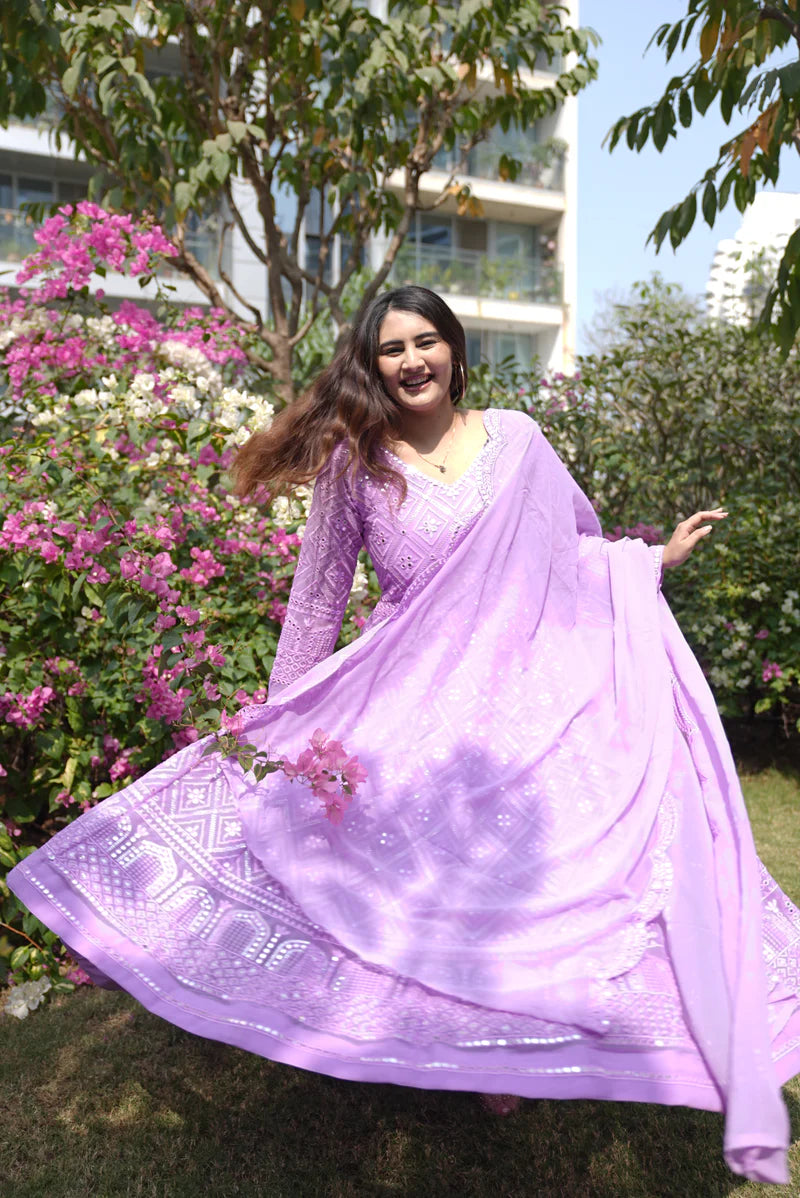 PURPLE LAKHNAWI EMBROIDERED GEORGETTE ANARKALI SUIT SET