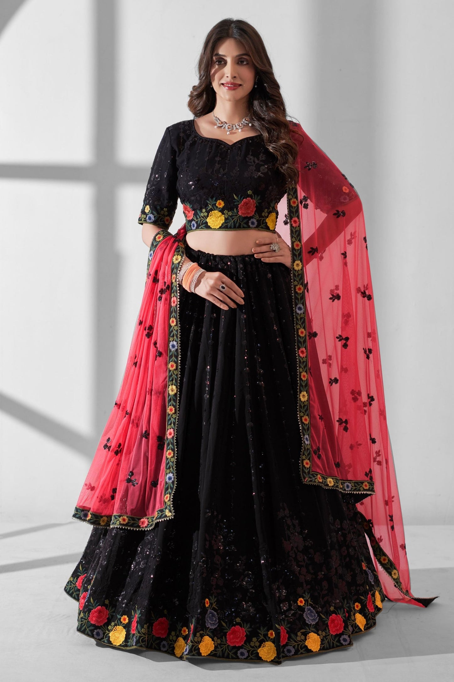 Black Georgette Flower Embroidered Lehenga Choli - Sequence Embroidery Work, Thread Embroidery Work