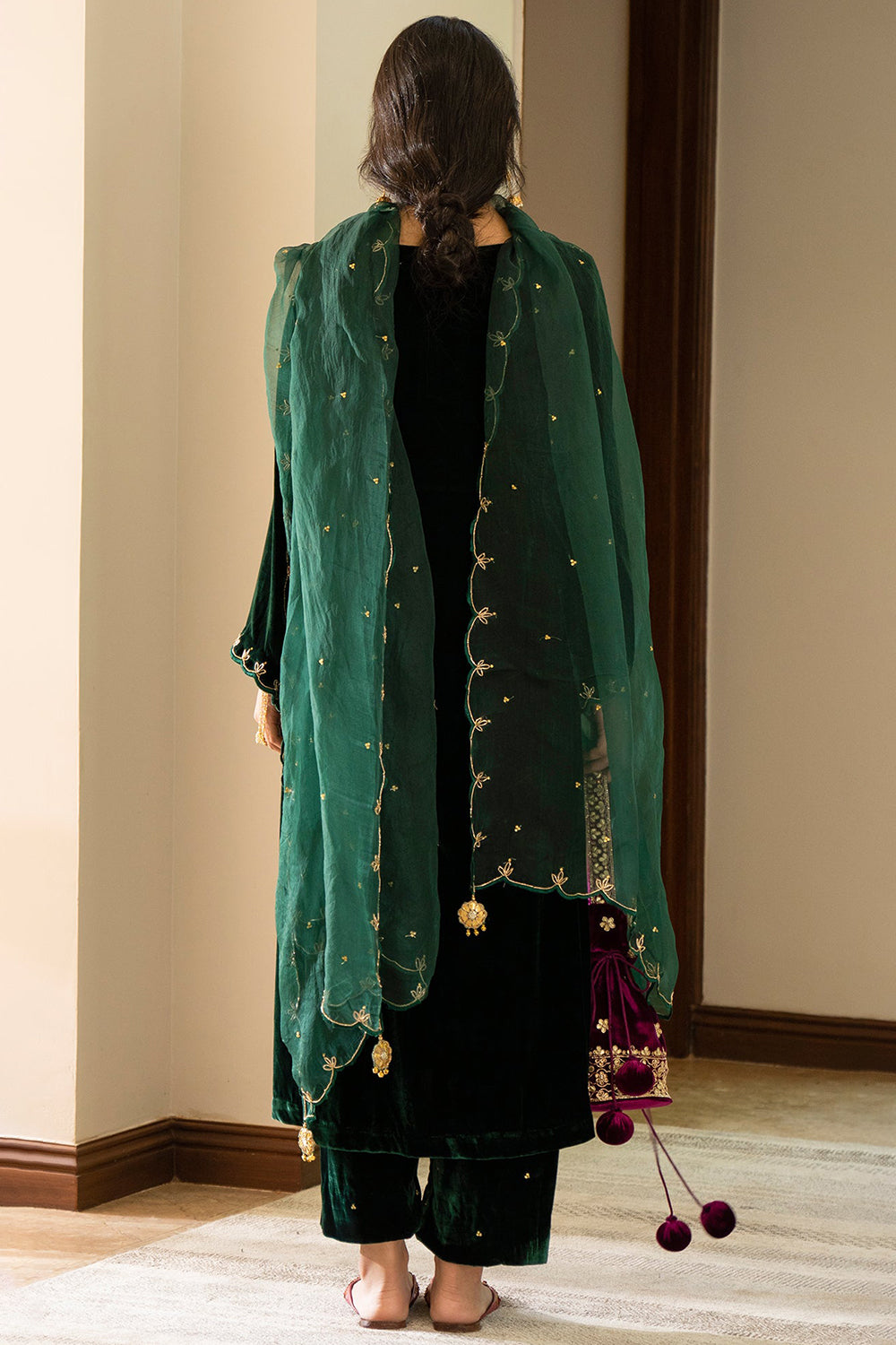 Green Velvet Palazzo Suit with Zari Embroidered