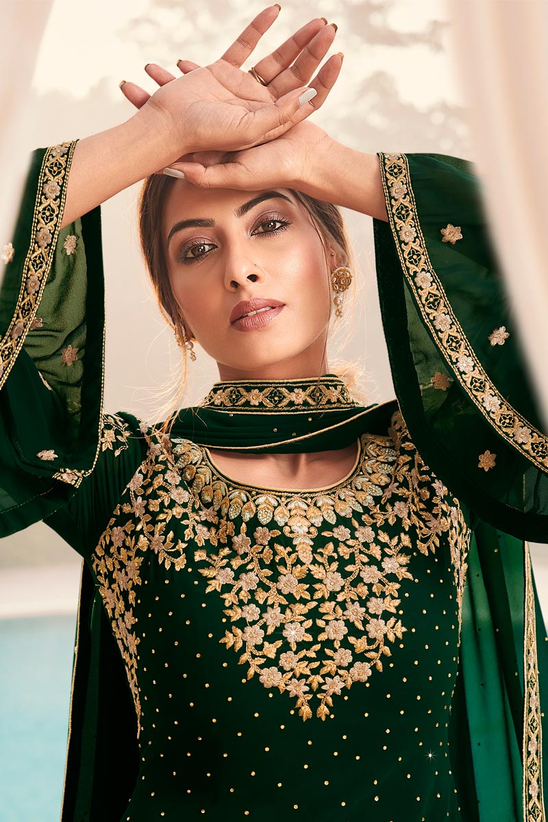 Dark Green Straight Cut Georgette Sharara Suit