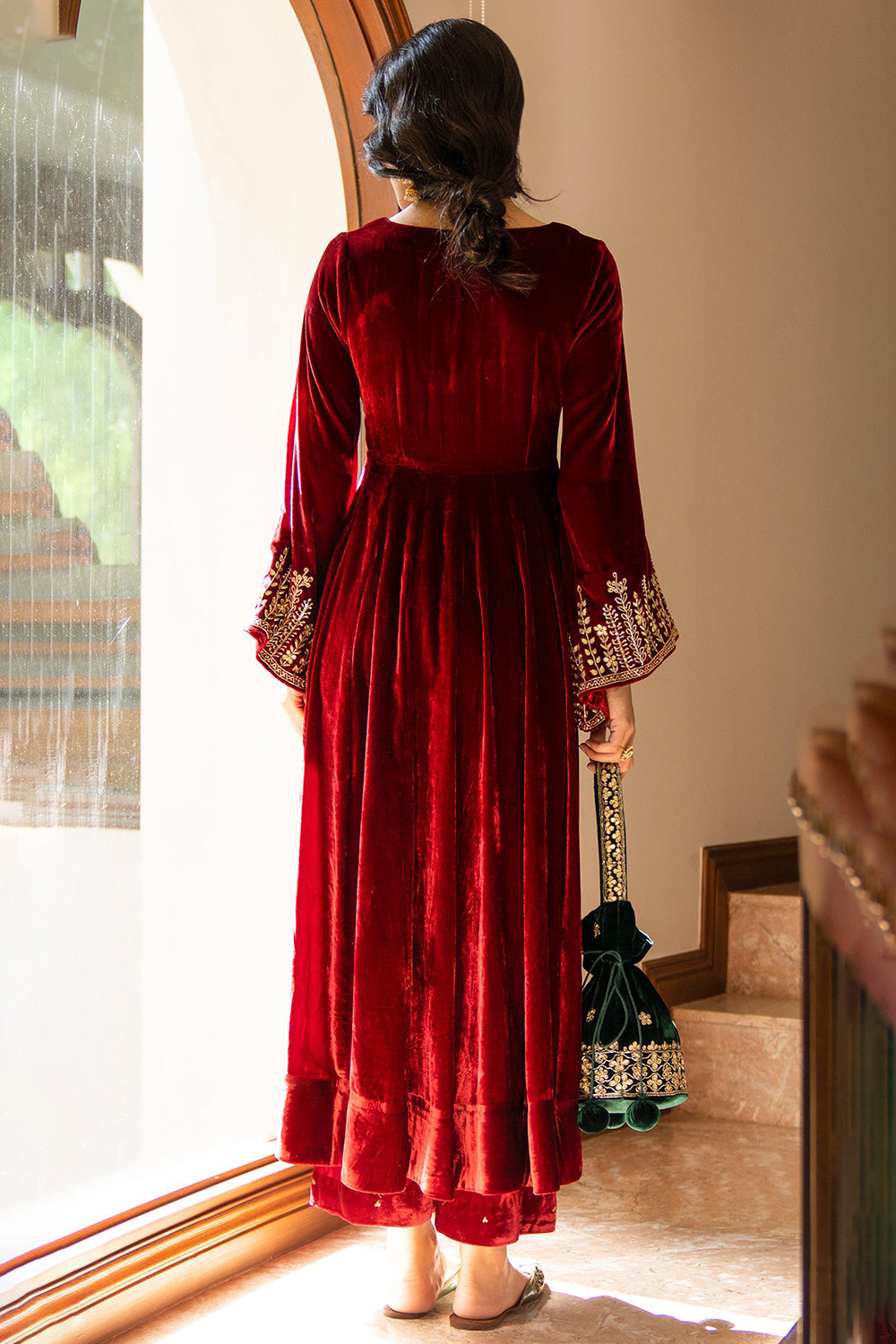 Deep Red Velvet Palazzo Suit with Zari Work