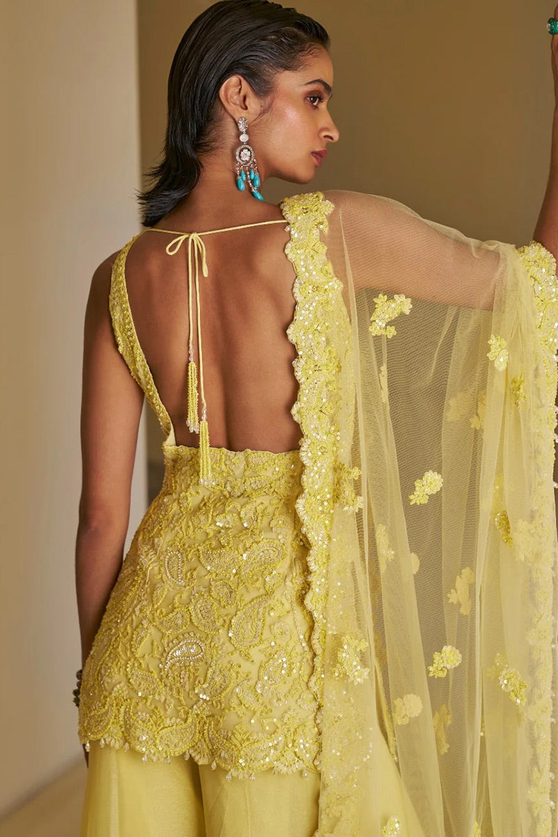 Embroidered Light Yellow Net Straight Cut Wedding Sharara Suit