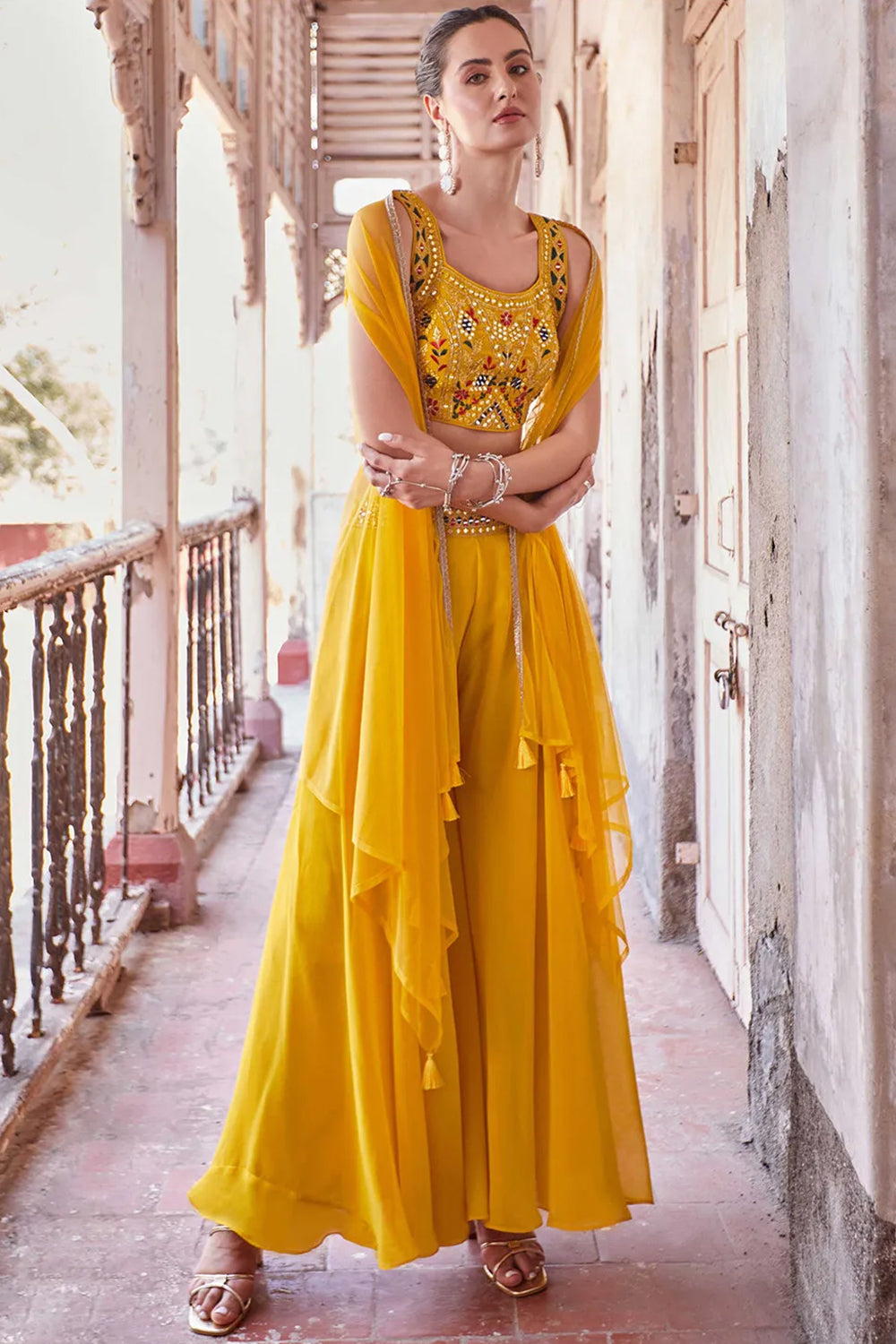 Georgette Mustard Yellow Indo-Western Palazzo Suit with Zari Work