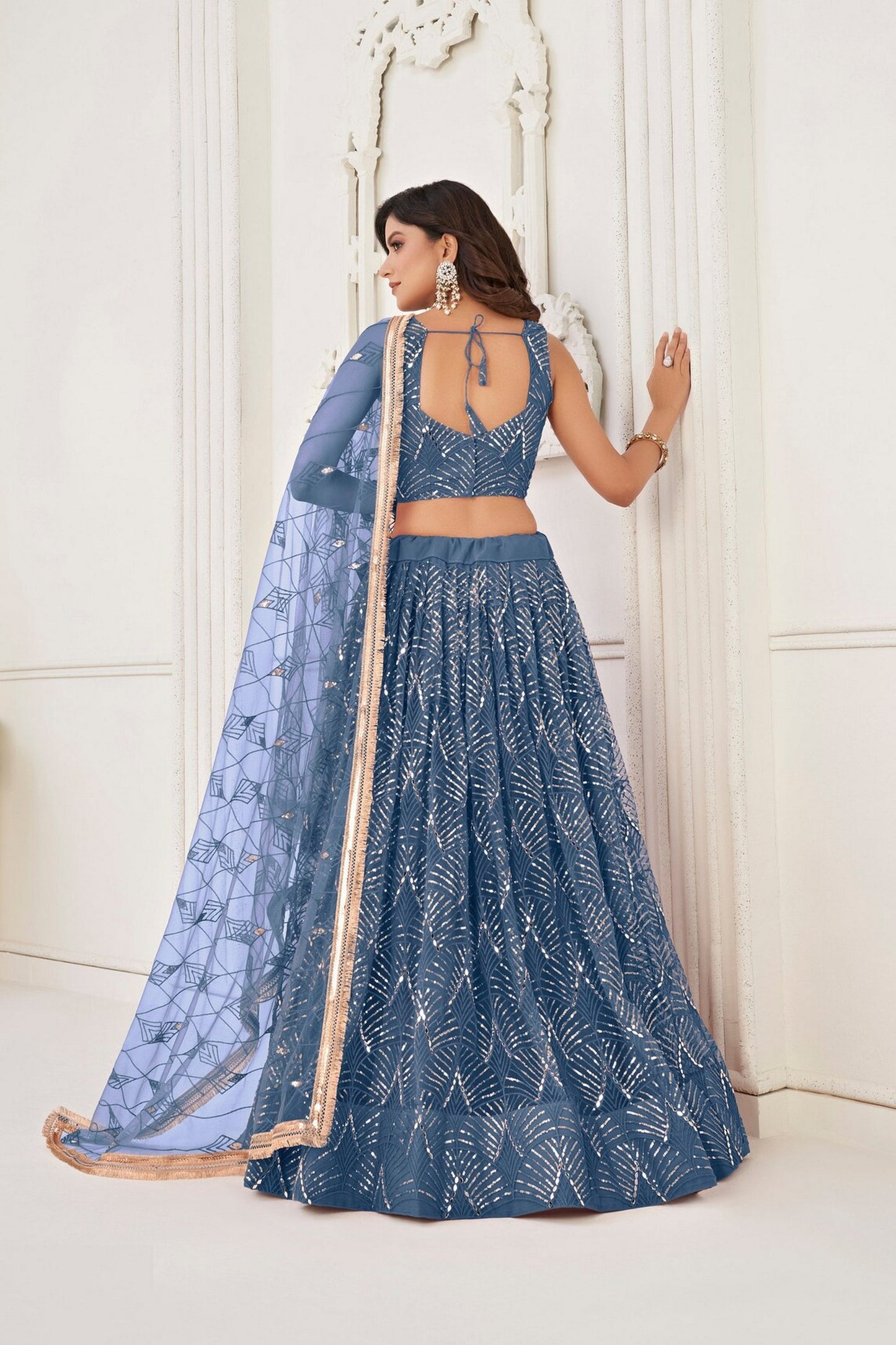 Steel Blue Net Embroidered Lehenga Choli