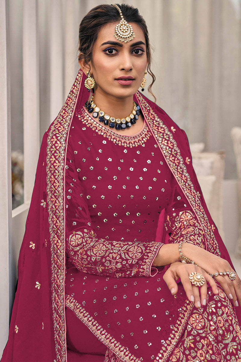 Magenta Pink Georgette Sequins Embroidered Sharara Suit