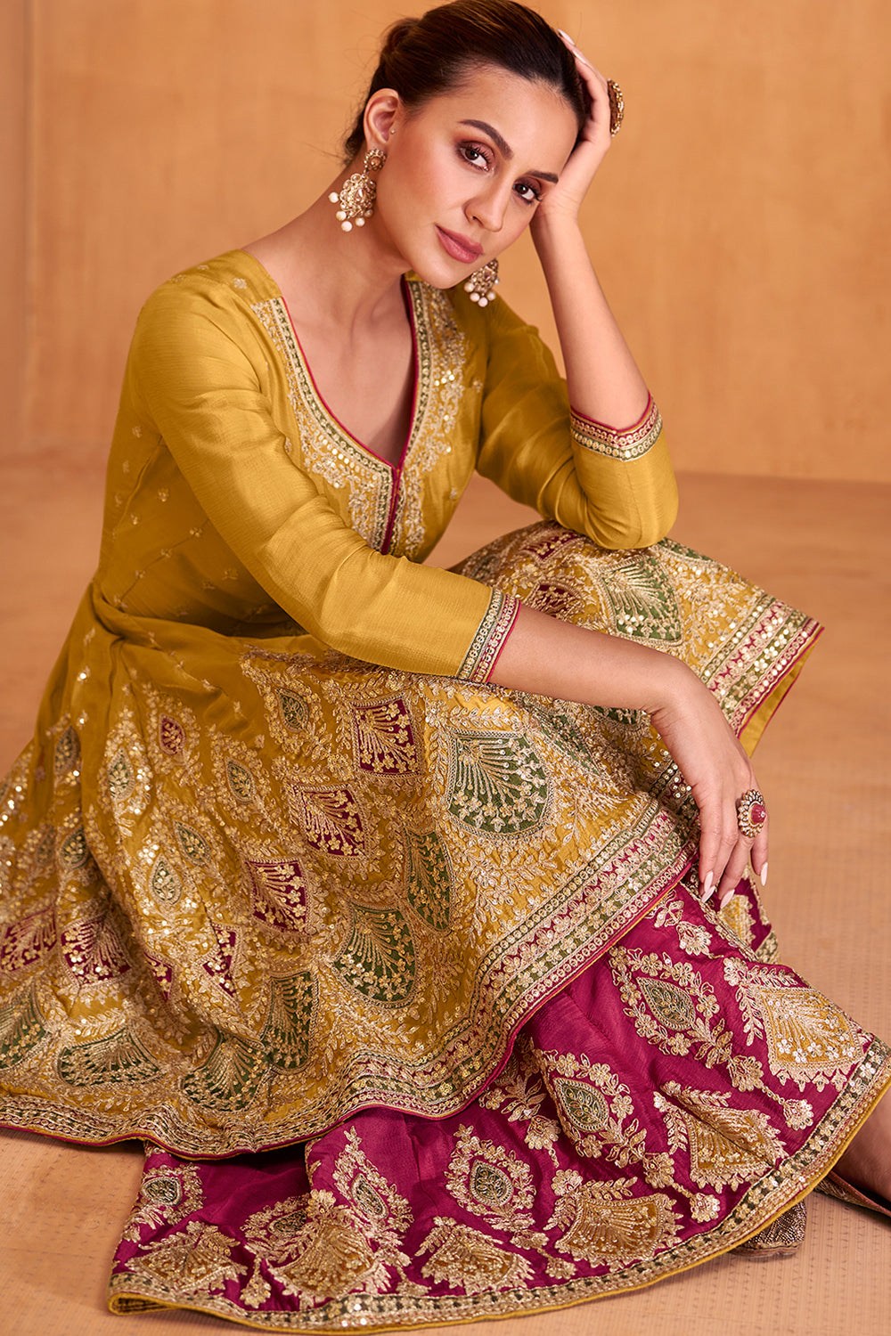 Mustard Yellow Chinnon Embroidered Palazzo Suit
