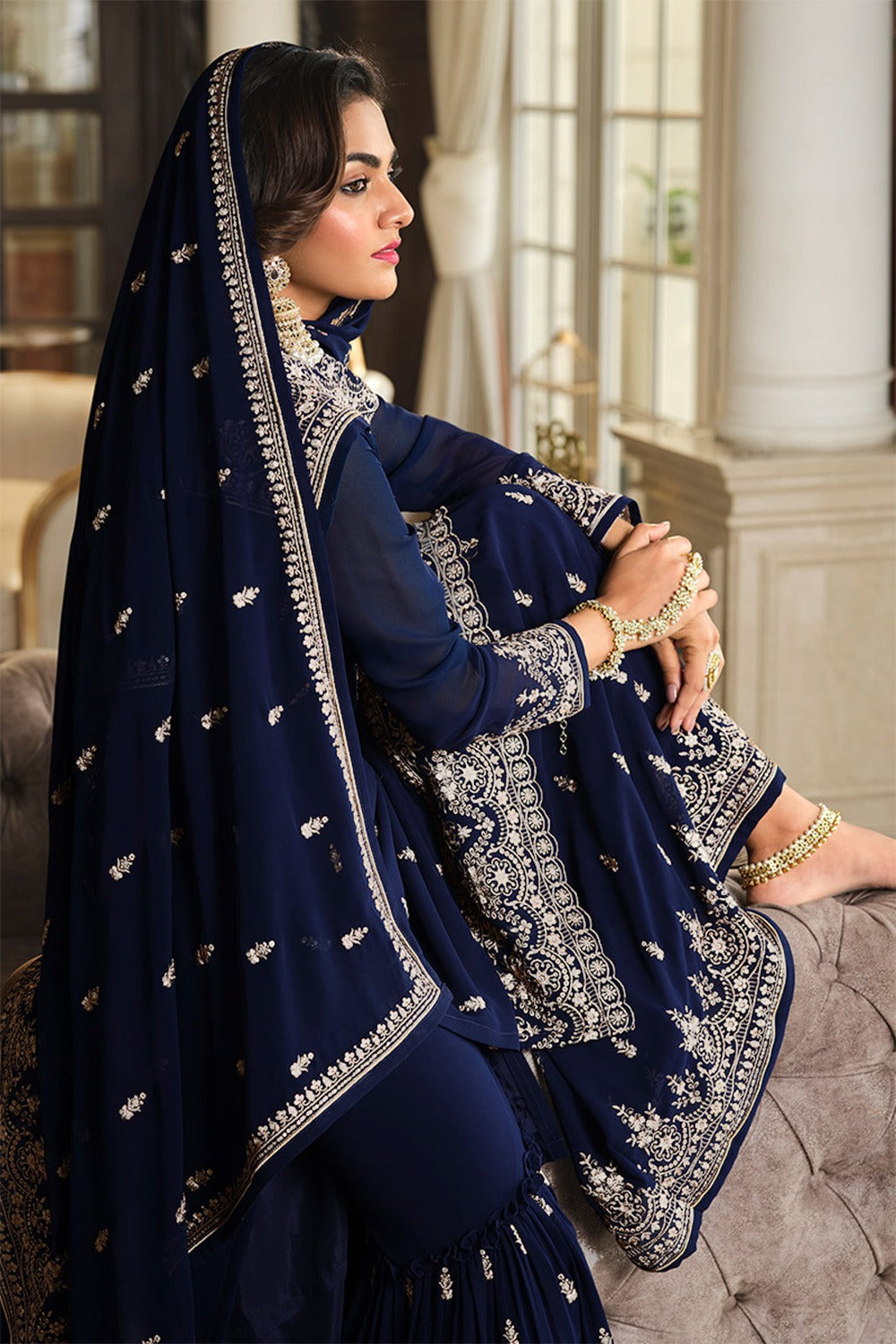 Navy Blue Sequins Work Sharara Suit in Georgette