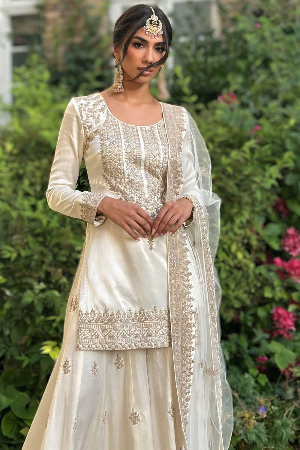 White Silk Blend Bridal Sharara Salwar Suit with Zari Work