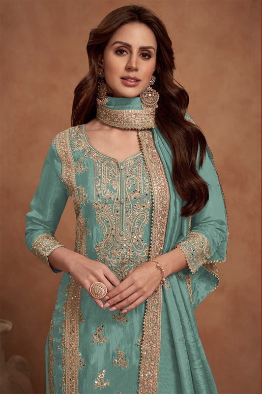 Blue Silk Embroidered Straight Cut Palazzo Suit