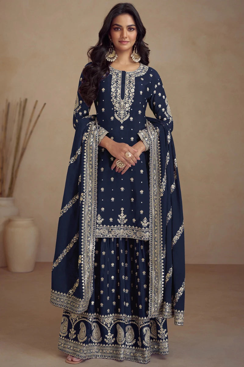 Prussian Blue Zari Embroidered Silk Sharara Suit