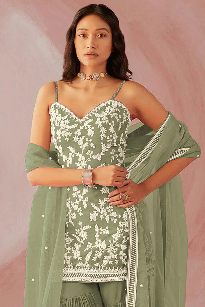 Georgette Sharara Suit in Sage Green colour