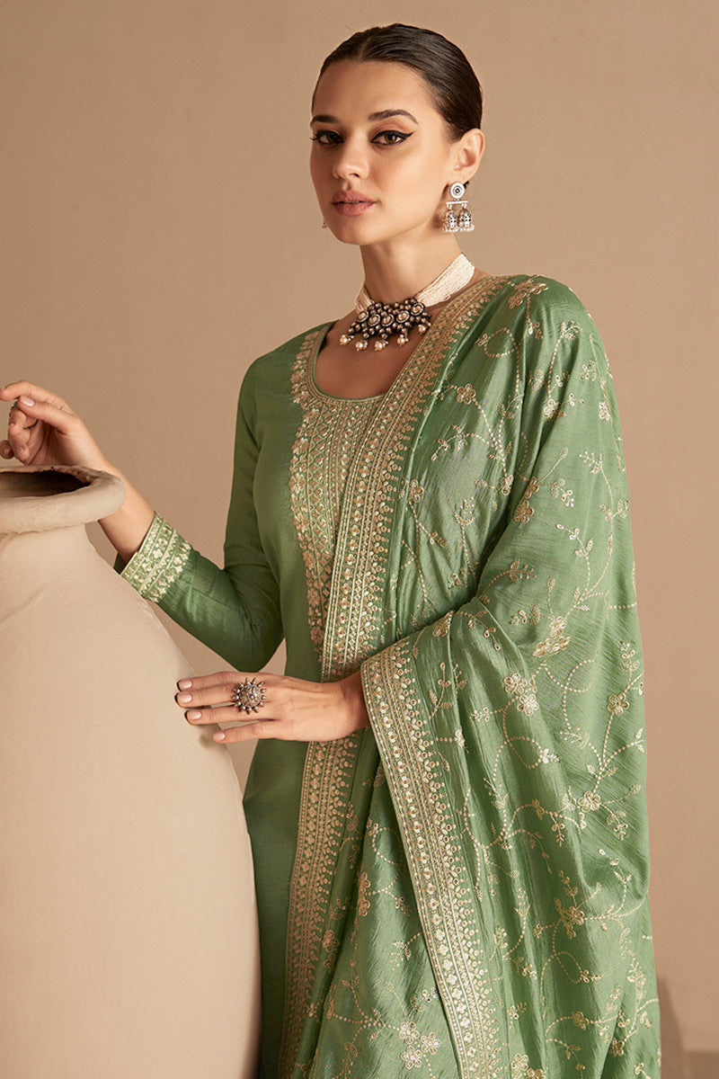 Sage Green Silk Embroidered Palazzo Suit