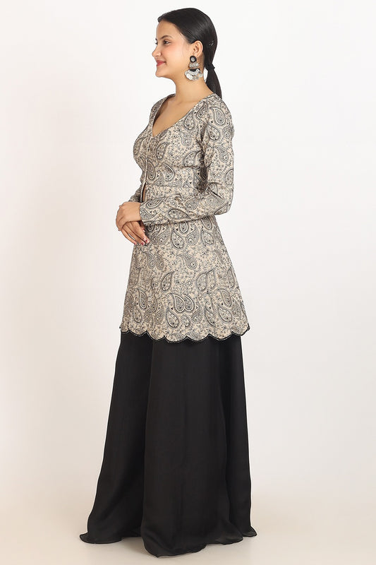 Grey Beige Dupion Silk Embroidered Indo Western Sharara Suit