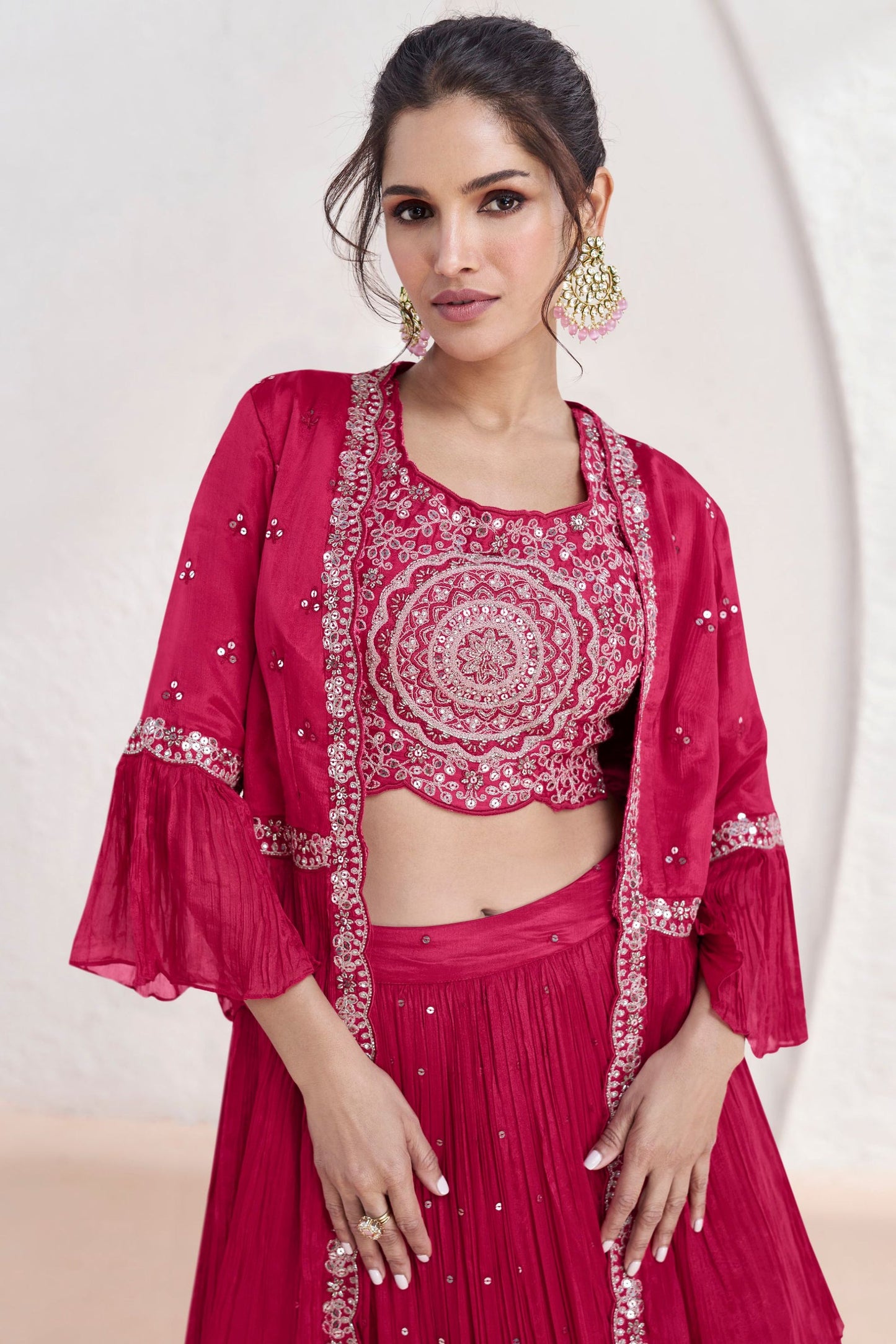 Reddish Pink Georgette Lehenga Choli with Koti