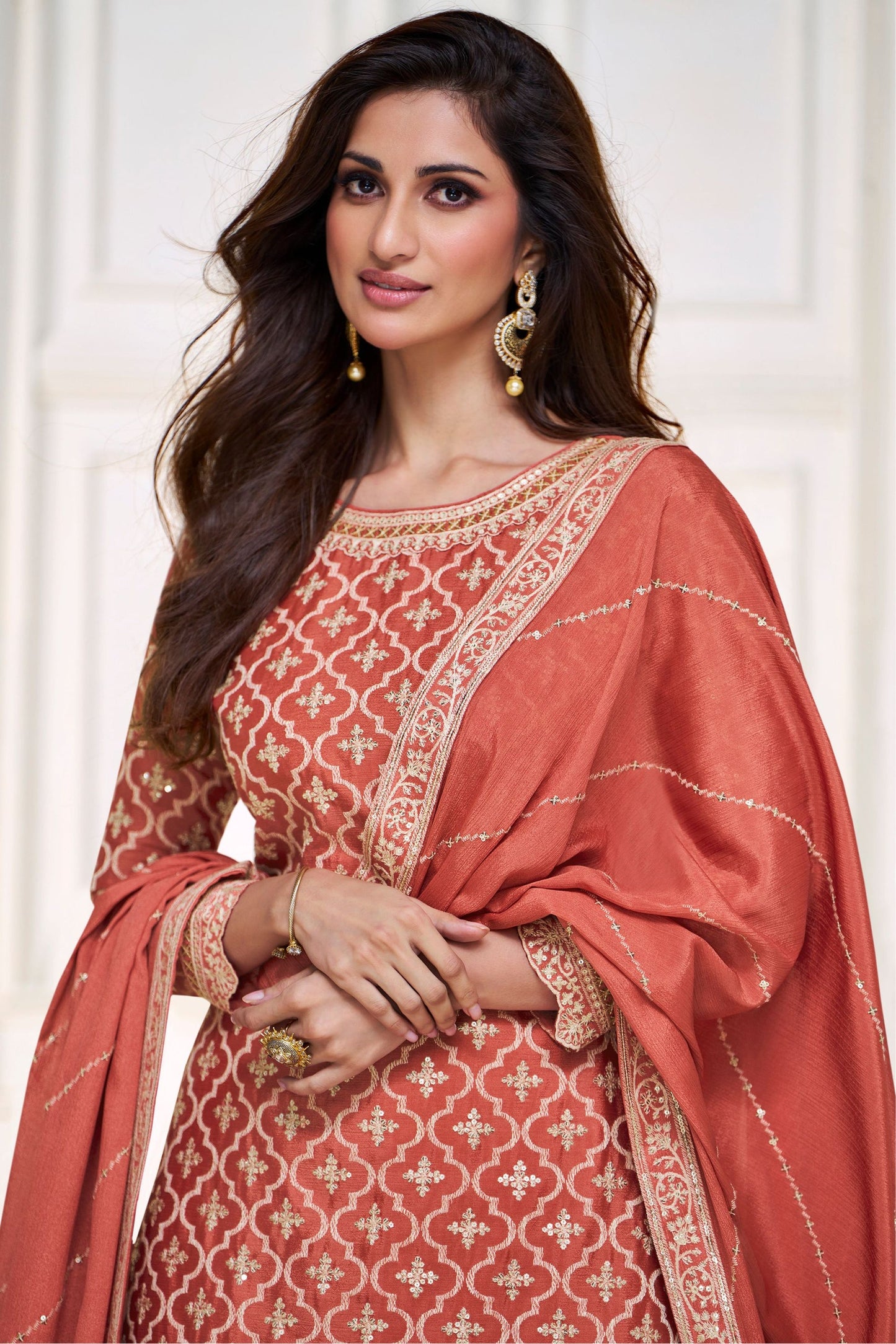 Orange Chinon Silk Salwar suit with Skirt