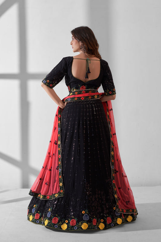 Black Georgette Flower Embroidered Lehenga Choli - Sequence Embroidery Work, Thread Embroidery Work