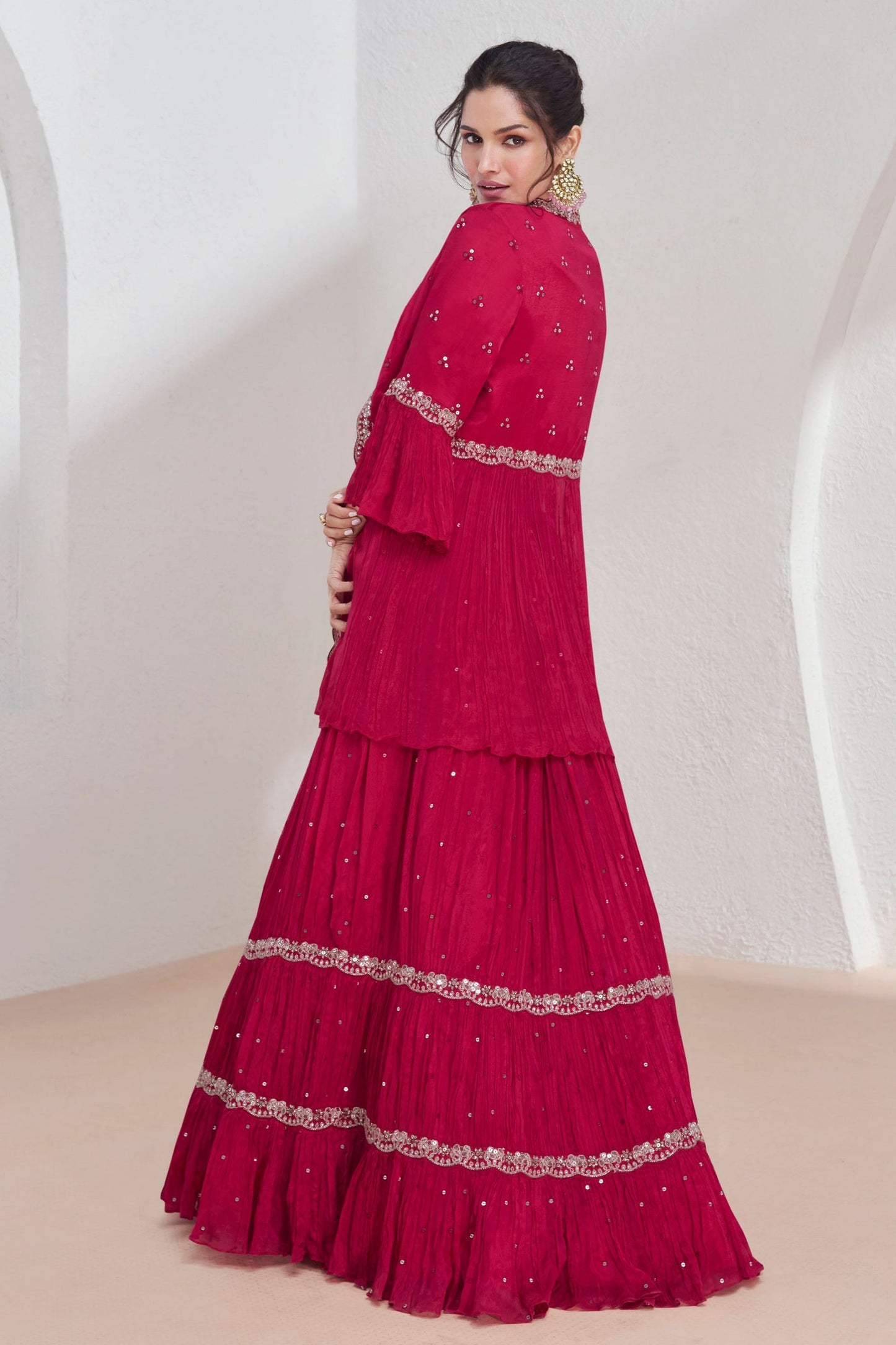 Reddish Pink Georgette Lehenga Choli with Koti