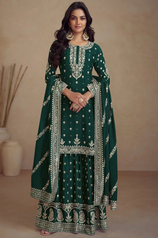Teal Green Silk Zari Embroidered Sharara Suit