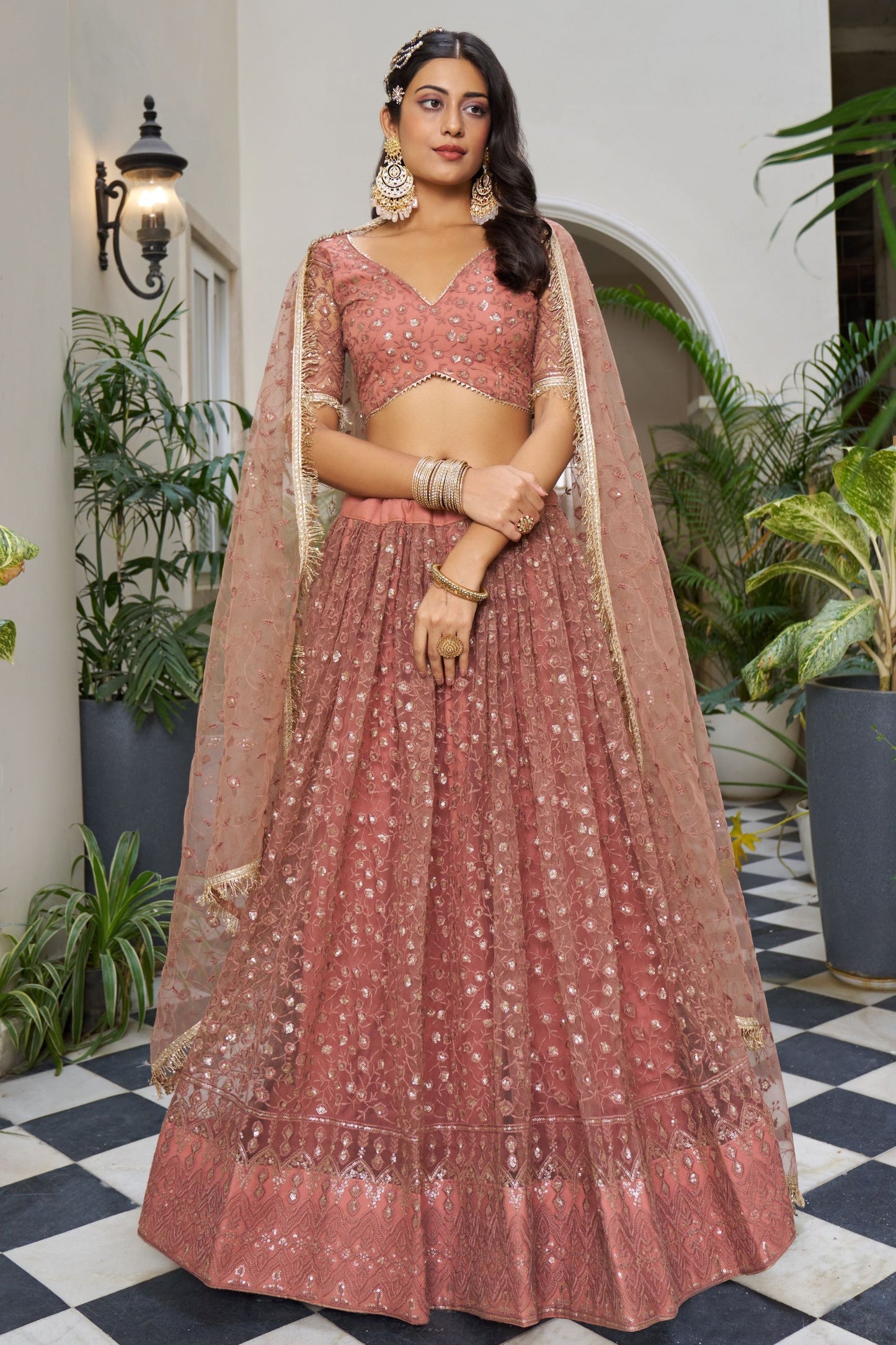 Peach Net Embroidered Lehenga Choli