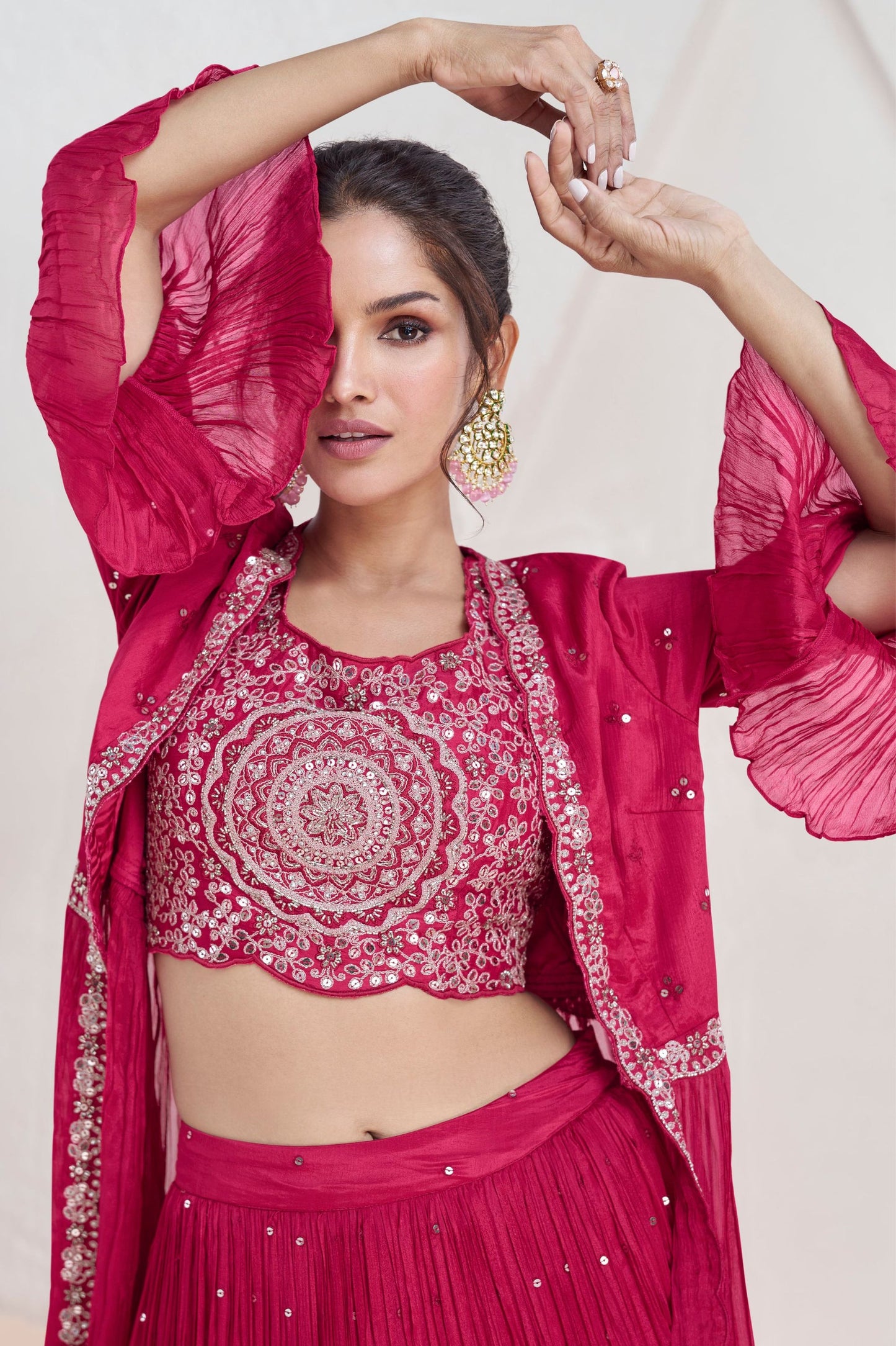 Reddish Pink Georgette Lehenga Choli with Koti