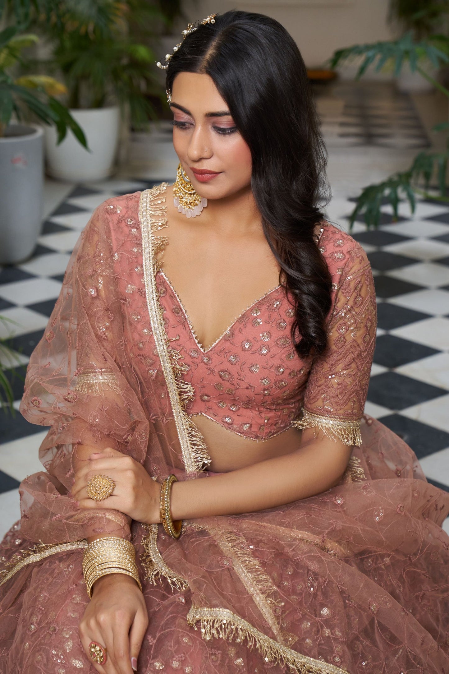 Peach Net Embroidered Lehenga Choli
