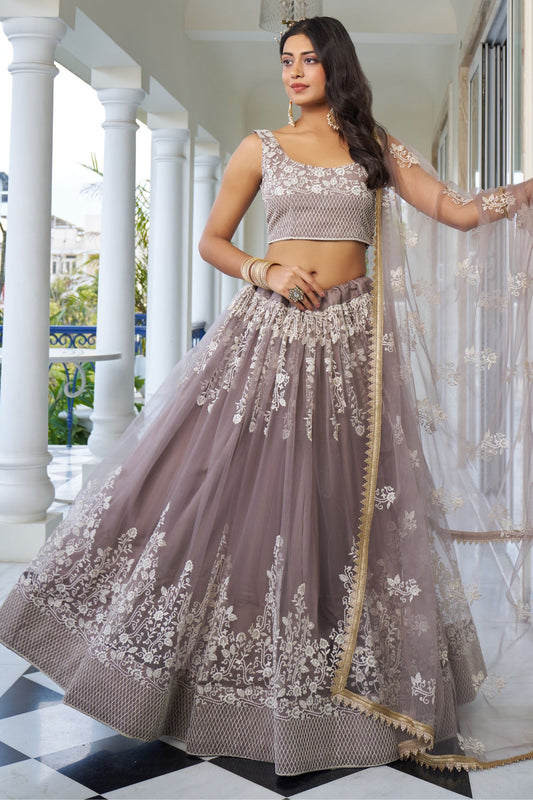 Grey Net Embroidered Lehenga Choli