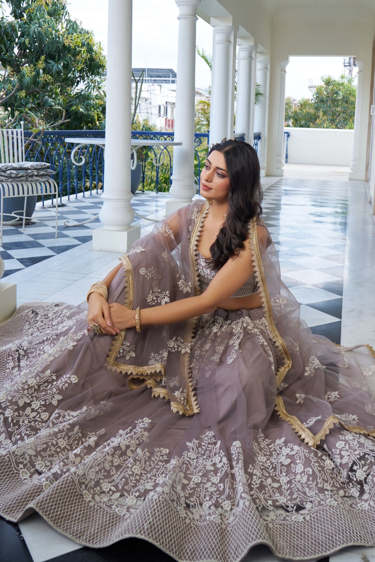 Grey Net Embroidered Lehenga Choli