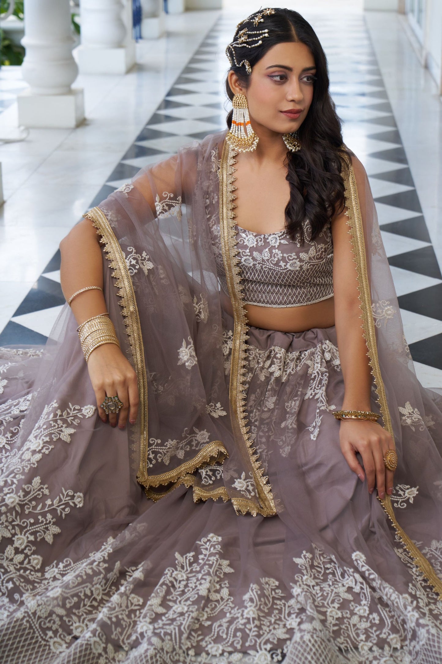 Grey Net Embroidered Lehenga Choli