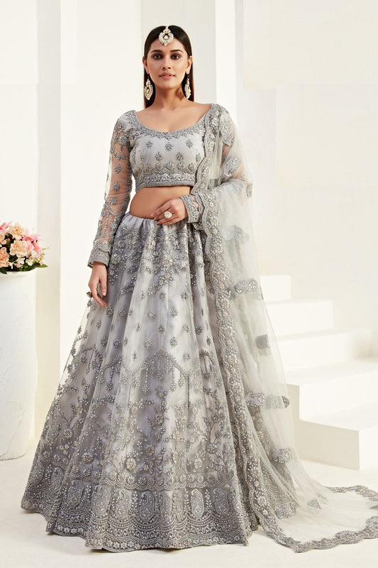 Grey Net Lehenga Choli - Thread Embroidery Work, Codding Embroidery Work, Butta Work, Stone Work