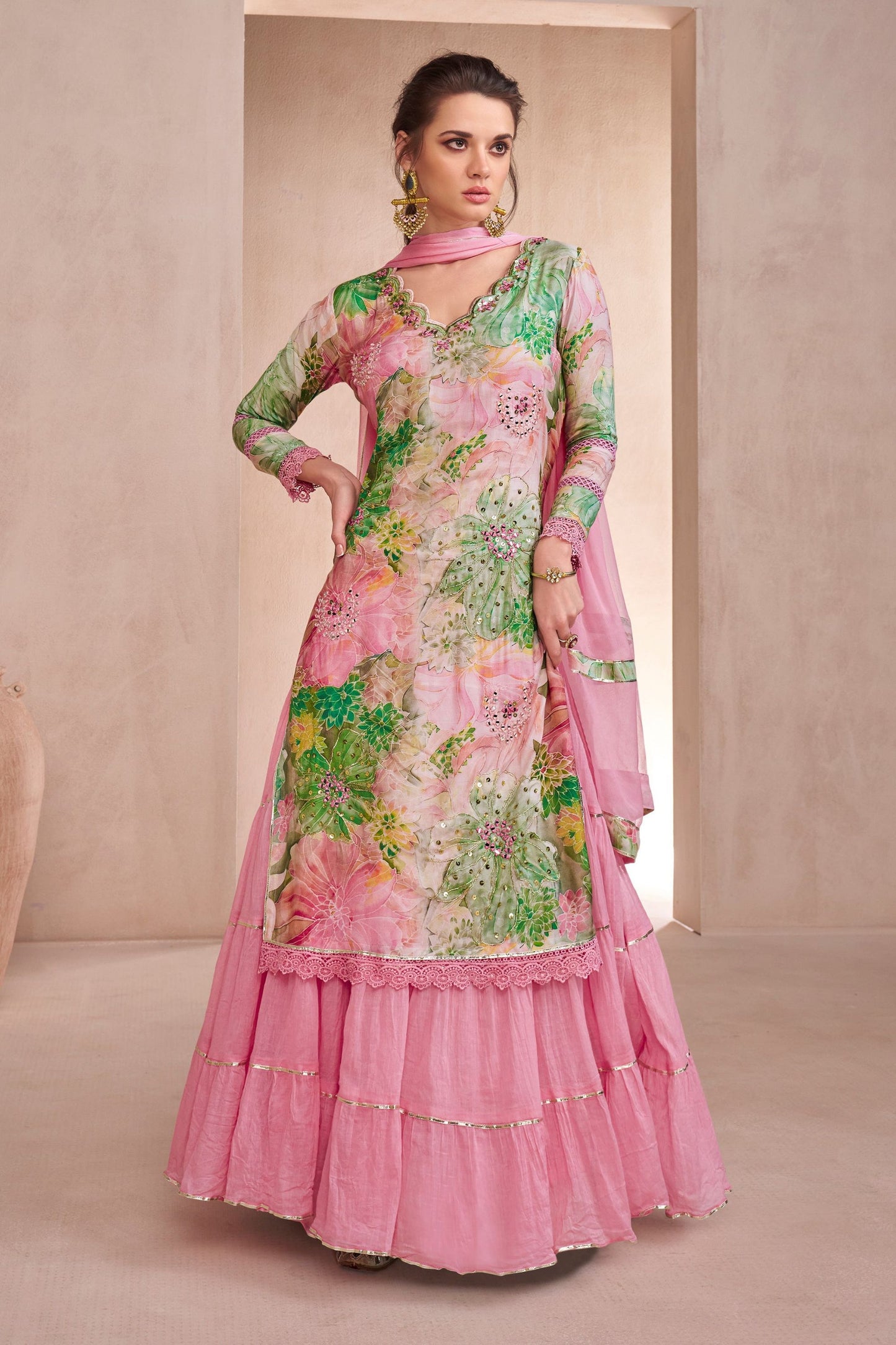 Baby Pink Muslin Silk Long salwar Suit