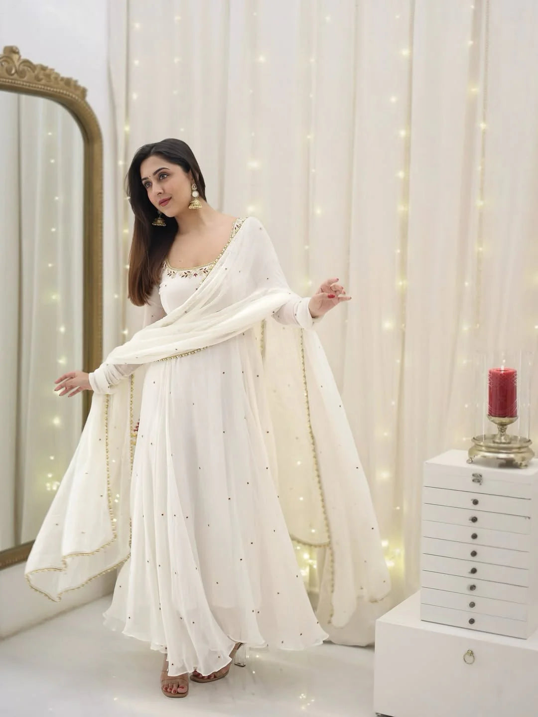 Bindiya White Faux Georgette Embroidered Suit Set