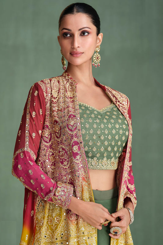Dusty Green Georgette Lengha Choli with Dual Color Jacket - Embroidery Work, Mirror Work