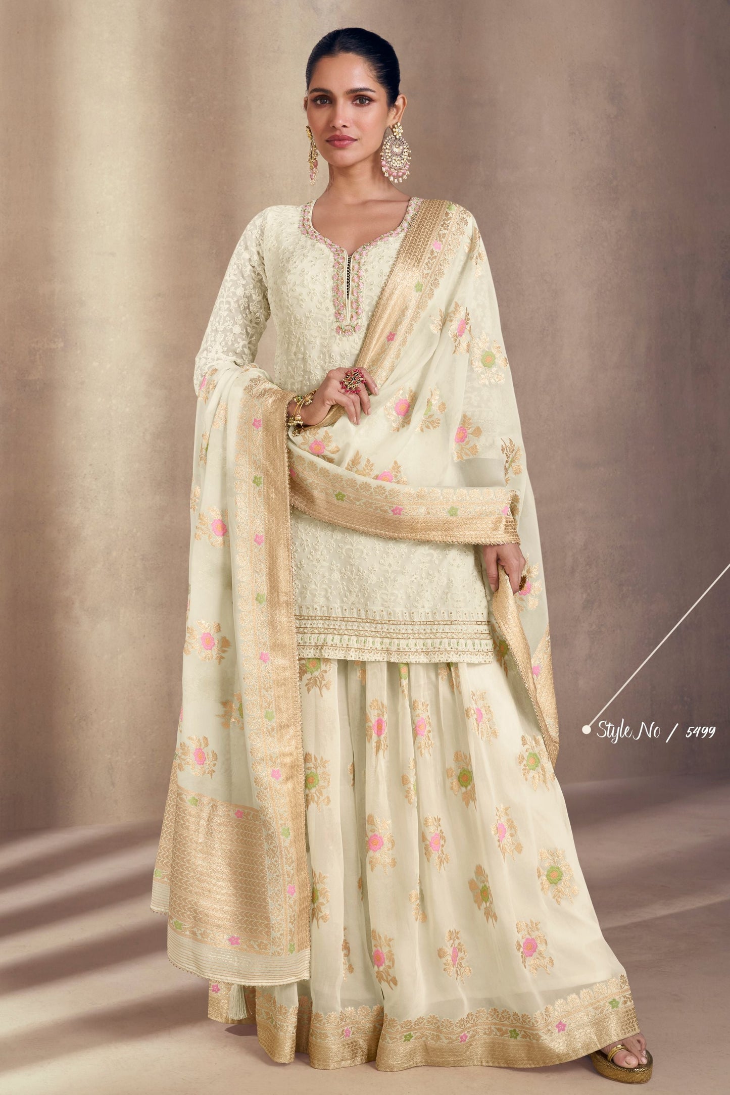 Off White Jacquard Silk Plazo Kameez