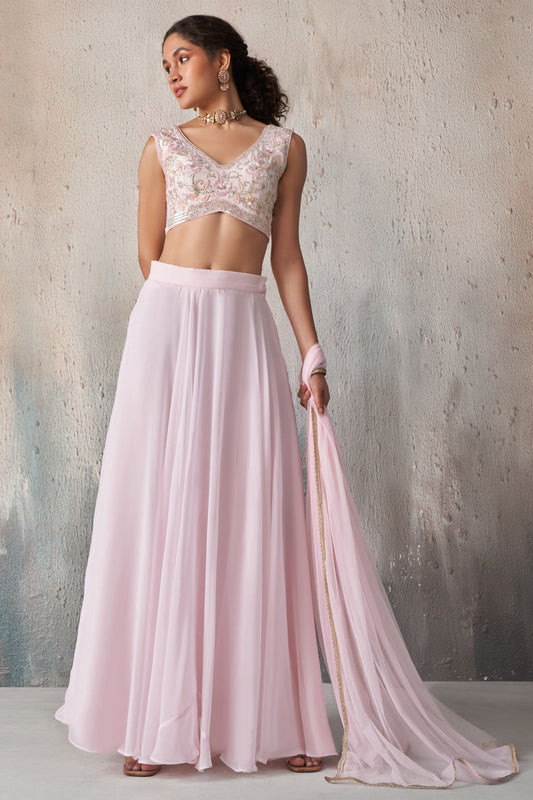 Light Pink Georgette Sleeveless Lehenga Choli - Khatli Work, Sequence Embroidery Work, Resham Work, Cut Dana Work, Moti Work