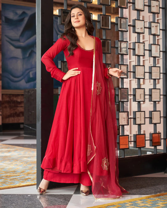 Radiant Red Embroidered Umbrella Suit with Churidaar Sleeves
