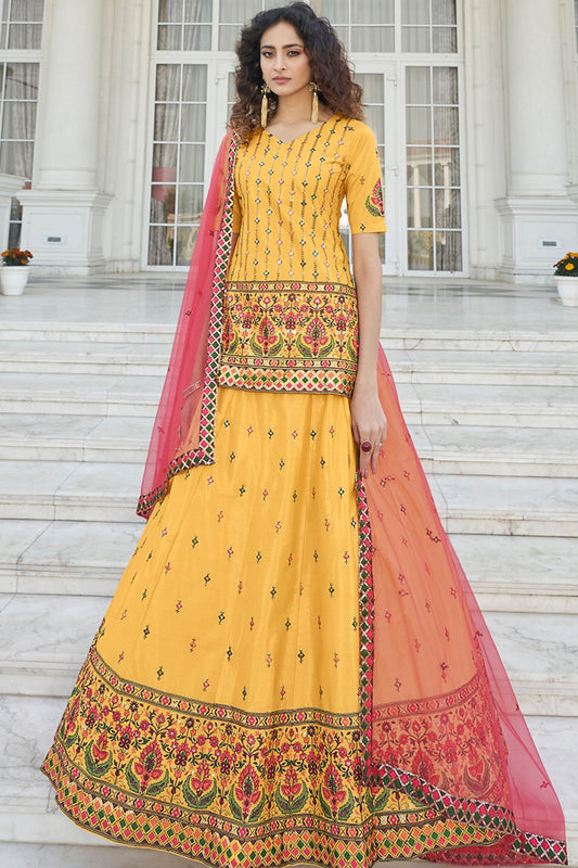 Yellow Chinon Lehenga Choli - Sequence Embroidery Work, Thread Embroidery Work,