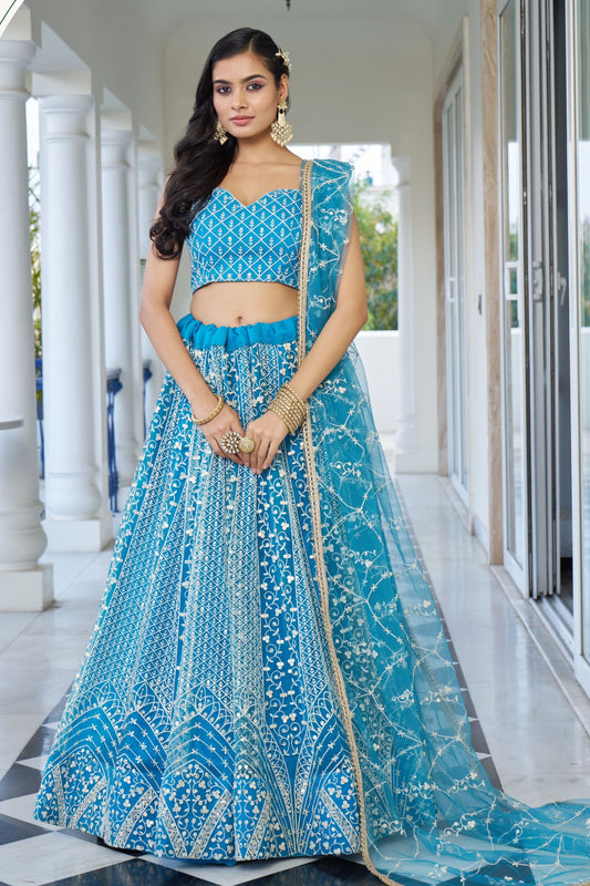 Turquoise Net Embroidered Lehenga Choli