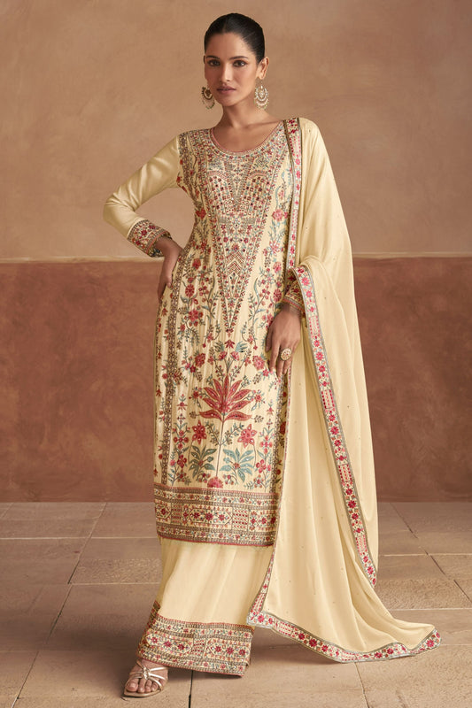 Cream Chinon Silk salwar suit